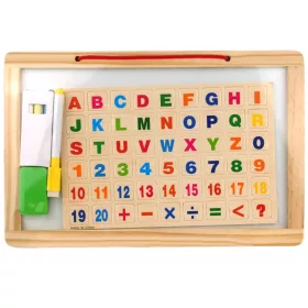   2 az 1-ben fa mágneses rajztábla mágneses betűkkel, táblafilccel és krétával