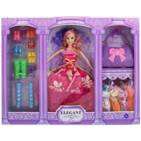 Divatbaba szett színes ruhaszettel és cipőkkel