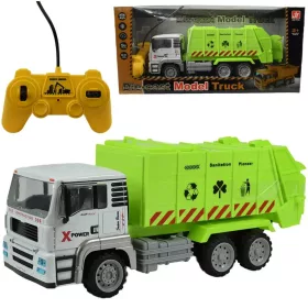   RC Távirányítós fém fülkés konténerszállító kukás teherautó fényeffektekkel 27MHz 1/12-es méretarány 36cm
