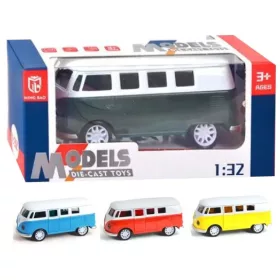 Volkswagen T1 132-es hátrahúzható fém autómodell nyitható ajtóval fénnyel és hanggal több változatb