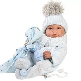 Llorens Tino 43cm-es újszülött fiú baba kék babapléddel cumival és 3db különböző ruhával