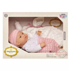   Baby Dream: Csecsemőbaba pink ruhában kiegészítőkkel 35cm-es