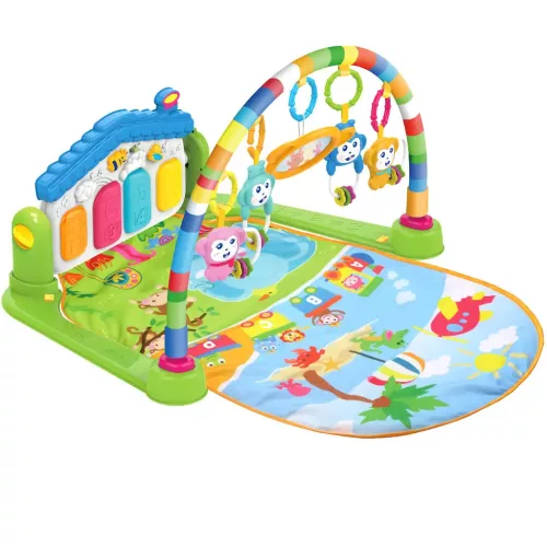 Vidám állatok zöld játszószőnyeg bébi zongorával 64x78cm