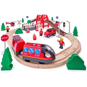   Fa vasút szett tűzoltó autóval és elemes vonattal - Woodyland