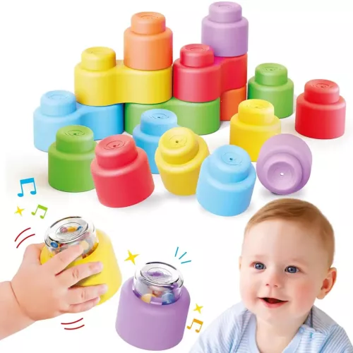 Quercetti Momy Soft 18 db-os puha csörgős építőkocka szett