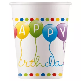 Színes lufis szülinapi Happy Birthday feliratú papírpohár 200 ml 8db-os szett