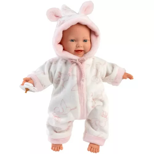 Llorens Lány csecsemő baba puha gólya mintás pizsamában 31cm