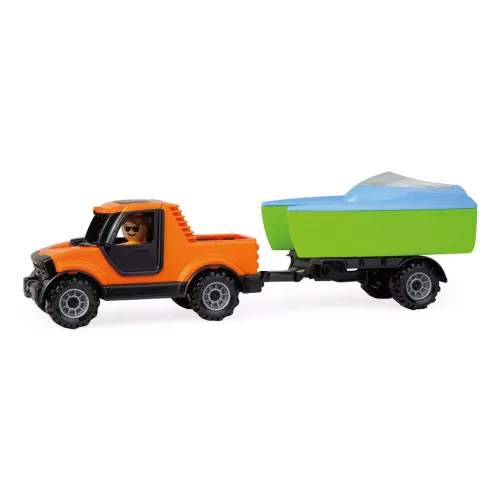 Lena: Truckies Pick-up autó csónakutánfutóval és vitorlás hajóval dobozos 35cm