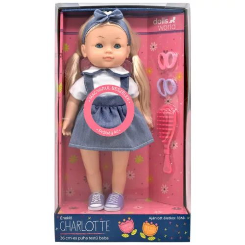 Dolls World Magyarul beszélő Charlotte baba, farmer szoknyában